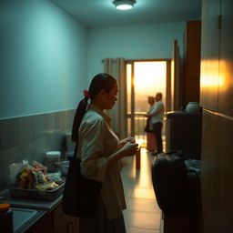 In a small kitchen, a young woman named Rita, with long, straight black hair tied back in a ponytail, is attentively packing snacks into a travel bag