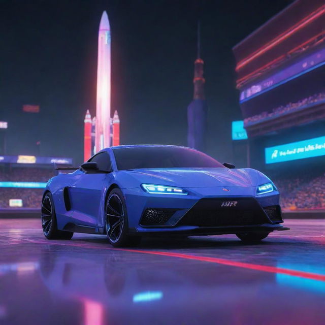 A digital game lobby interface, featuring an illuminated stadium bathed in vibrant neon lights in the background. A sleek rocket-fueled car, outlined with neon highlights, stands prominently in the view.