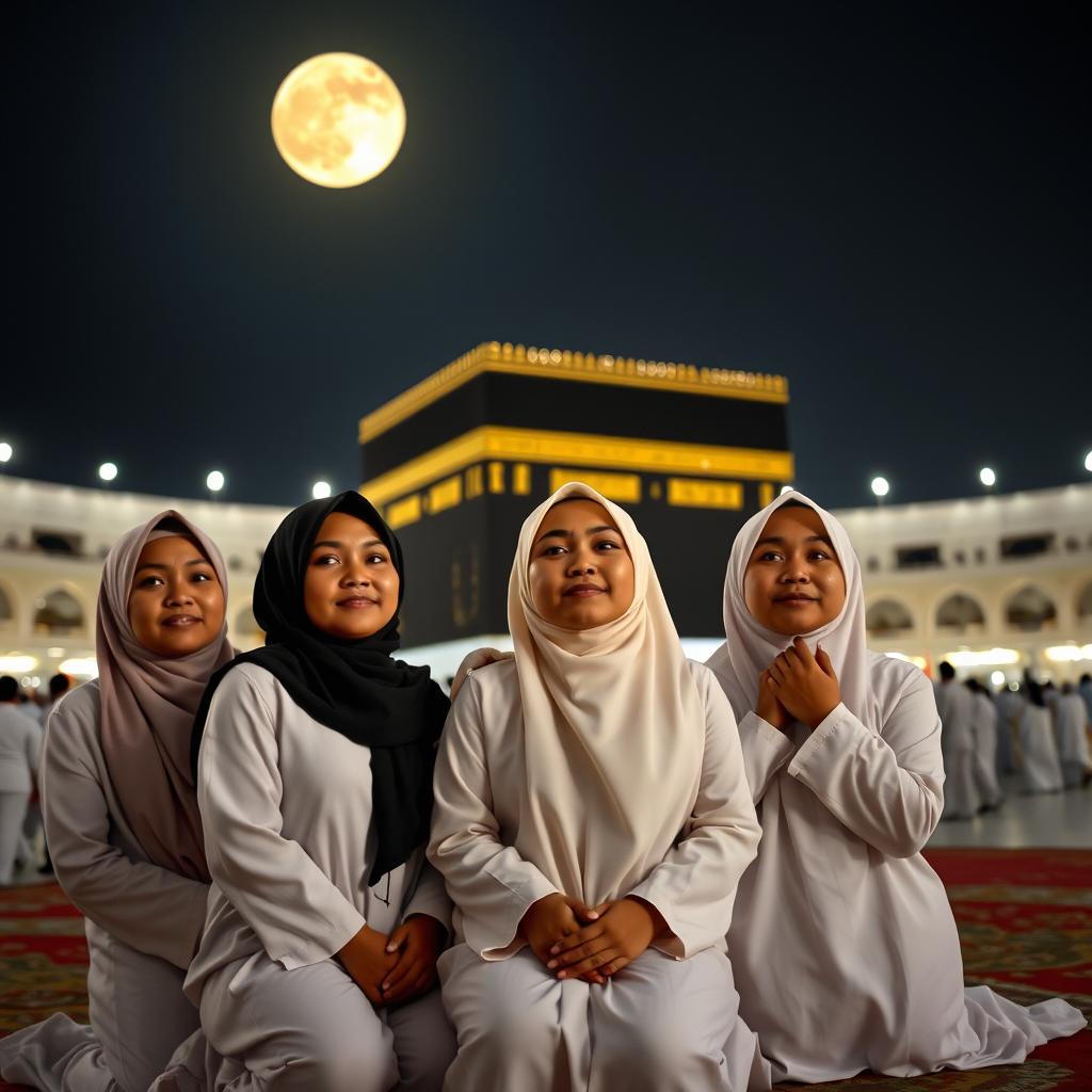 Three Indonesian women aged 25, 30, and 40, kneeling and bowing in reverence before the majestic Ka'bah