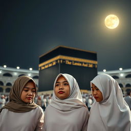 Three Indonesian women aged 25, 30, and 40, kneeling and bowing in reverence before the majestic Ka'bah