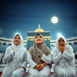 Three Indonesian women aged 25, 30, and 40, kneeling and bowing in reverence before the majestic Ka'bah