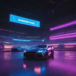 A digital game lobby interface, featuring an illuminated stadium bathed in vibrant neon lights in the background. A sleek rocket-fueled car, outlined with neon highlights, stands prominently in the view.