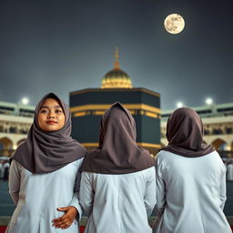 Three Indonesian women aged 25, 30, and 40, kneeling and bowing in reverence before the majestic Ka'bah