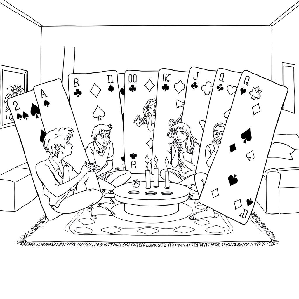 A surreal coloring page featuring a group of people sitting cross-legged on the living room floor, engaged in a lively card game using a giant deck of cards