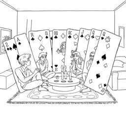 A surreal coloring page featuring a group of people sitting cross-legged on the living room floor, engaged in a lively card game using a giant deck of cards