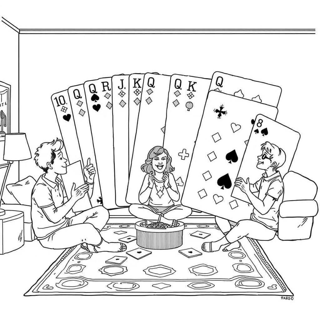 A surreal coloring page featuring a group of people sitting cross-legged on the living room floor, engaged in a lively card game using a giant deck of cards