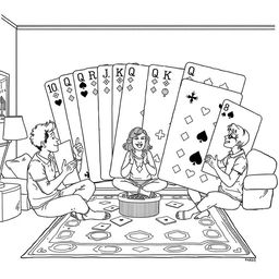 A surreal coloring page featuring a group of people sitting cross-legged on the living room floor, engaged in a lively card game using a giant deck of cards