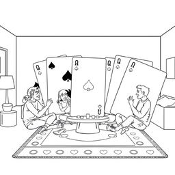 A surreal coloring page featuring a group of people sitting cross-legged on the living room floor, engaged in a lively card game using a giant deck of cards