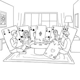 A surreal coloring page featuring a group of people sitting cross-legged on the living room floor, engaged in a lively card game using a giant deck of cards