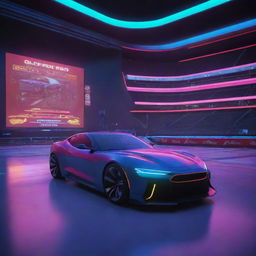 A digital game lobby interface, featuring an illuminated stadium bathed in vibrant neon lights in the background. A sleek rocket-fueled car, outlined with neon highlights, stands prominently in the view.