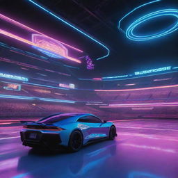 A digital game lobby interface, featuring an illuminated stadium bathed in vibrant neon lights in the background. A sleek rocket-fueled car, outlined with neon highlights, stands prominently in the view.