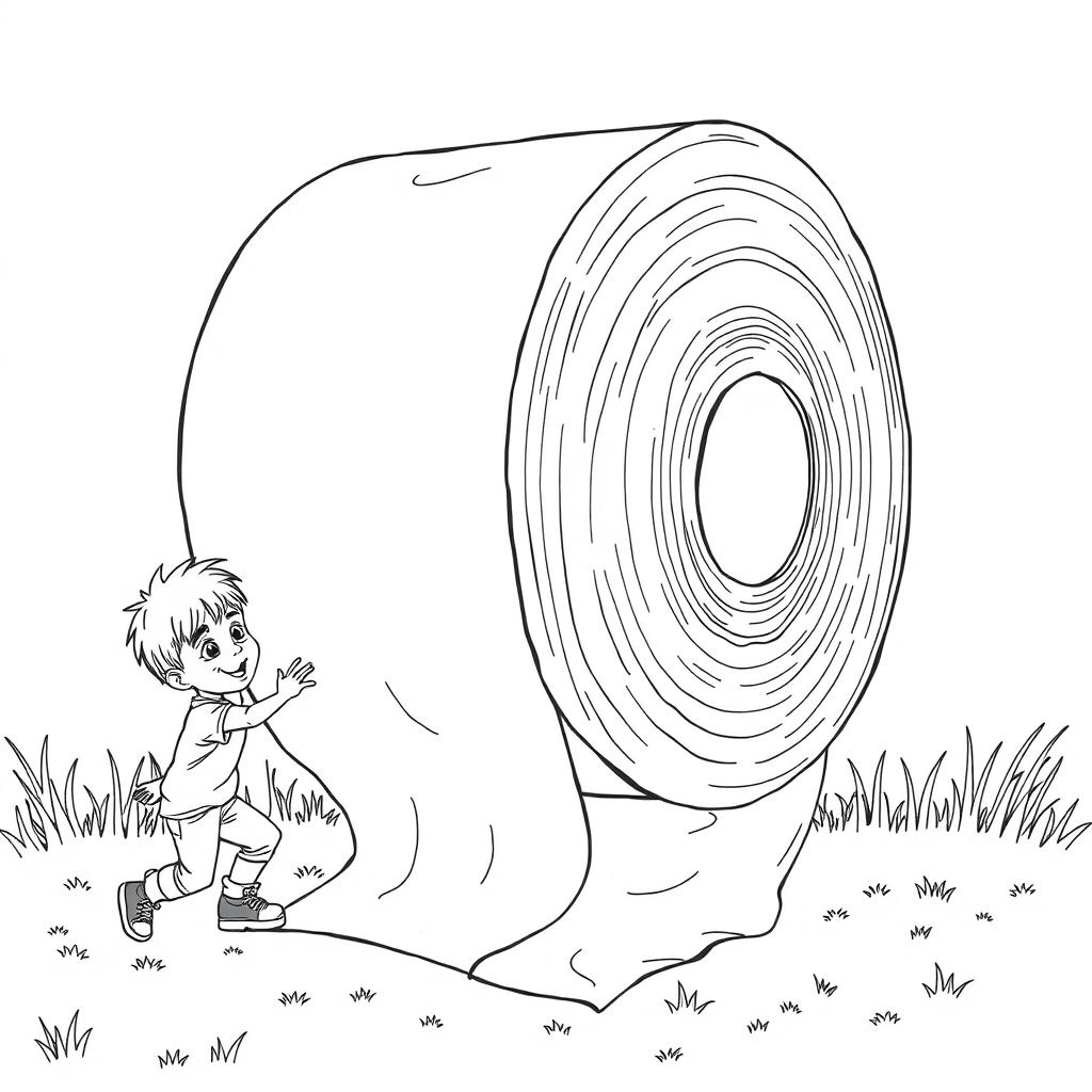 A surreal coloring page featuring two children humorously struggling to roll an enormous toilet paper roll that dominates the entire scene