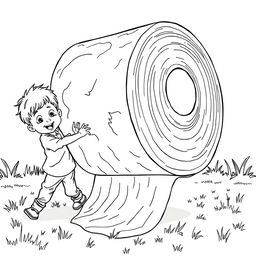 A surreal coloring page featuring two children humorously struggling to roll an enormous toilet paper roll that dominates the entire scene