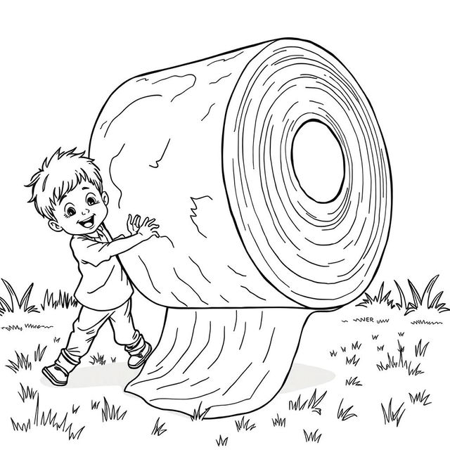 A surreal coloring page featuring two children humorously struggling to roll an enormous toilet paper roll that dominates the entire scene