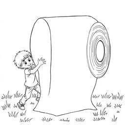 A surreal coloring page featuring two children humorously struggling to roll an enormous toilet paper roll that dominates the entire scene