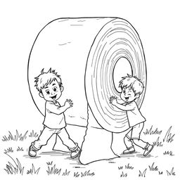 A surreal coloring page featuring two children humorously struggling to roll an enormous toilet paper roll that dominates the entire scene