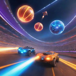 A thrilling game interface showcasing two rocket-powered cars in mid-air, propelling towards a glowing ball in a moment of suspenseful anticipation. The arena is awash in bright, colorful lights.