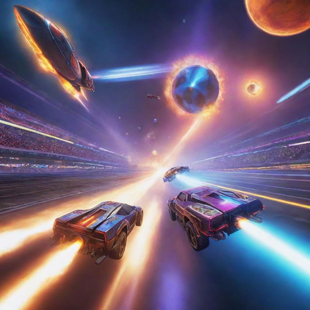 A thrilling game interface showcasing two rocket-powered cars in mid-air, propelling towards a glowing ball in a moment of suspenseful anticipation. The arena is awash in bright, colorful lights.