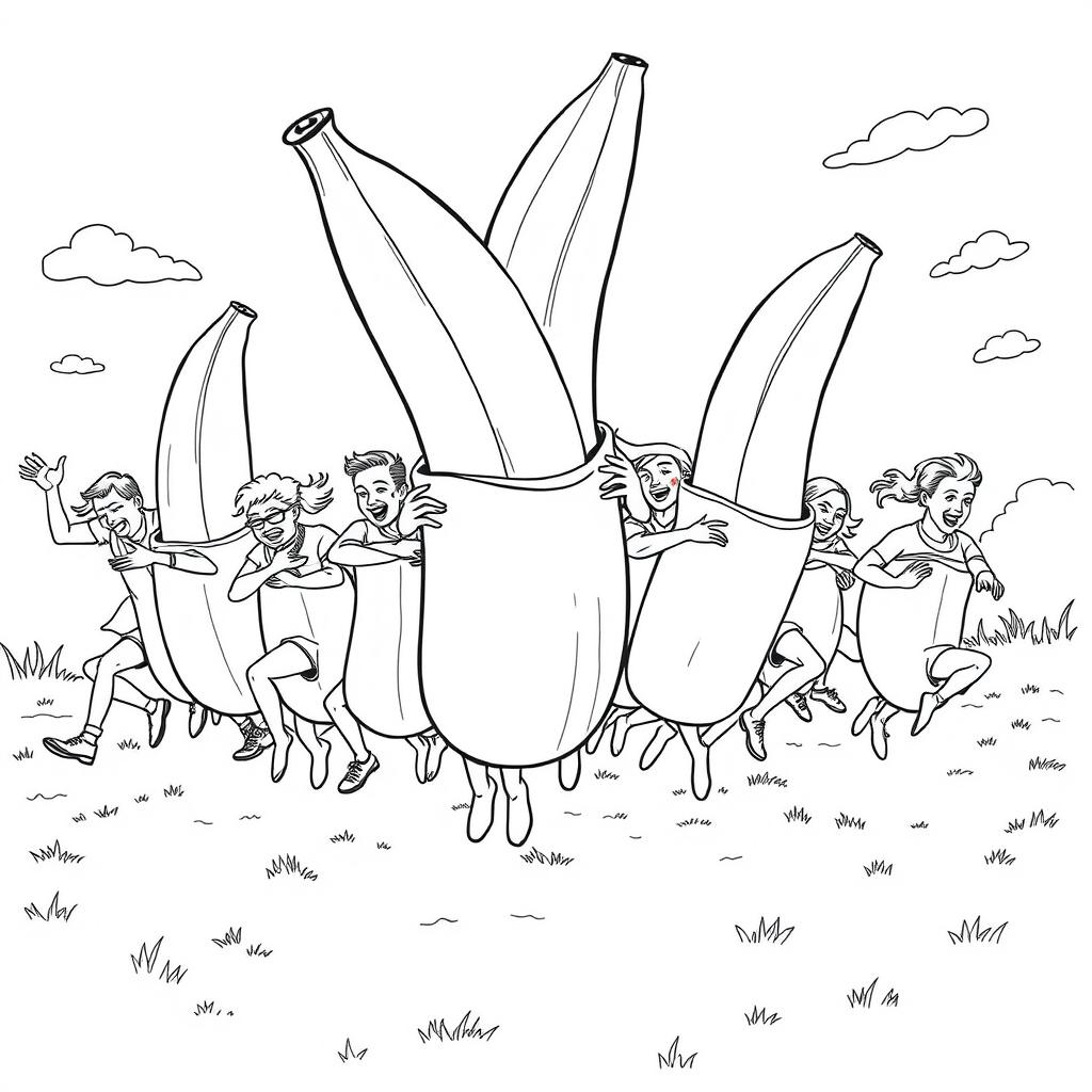 A surreal coloring page depicting a lively scene of a team of people competing in a sack race, using giant banana peels as their sacks