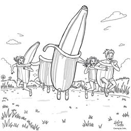 A surreal coloring page depicting a lively scene of a team of people competing in a sack race, using giant banana peels as their sacks