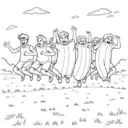 A surreal coloring page depicting a lively scene of a team of people competing in a sack race, using giant banana peels as their sacks