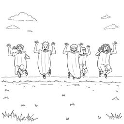 A surreal coloring page depicting a lively scene of a team of people competing in a sack race, using giant banana peels as their sacks