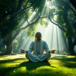 A wide shot of Syekh Siti Jenar meditating peacefully in a serene Javanese garden