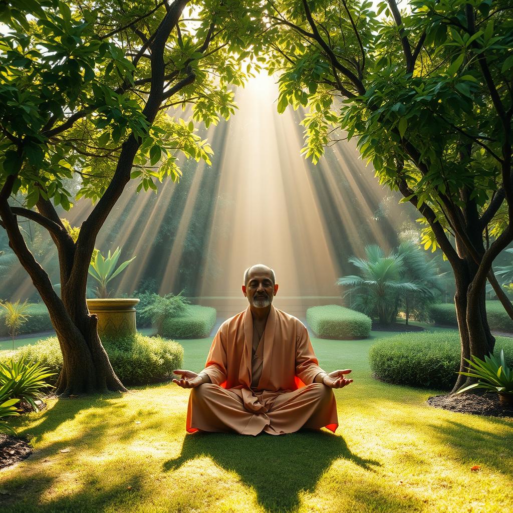 A wide shot of Syekh Siti Jenar meditating peacefully in a serene Javanese garden