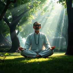 A wide shot of Syekh Siti Jenar meditating peacefully in a serene Javanese garden