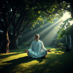 A wide shot of Syekh Siti Jenar meditating peacefully in a serene Javanese garden