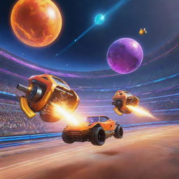 A thrilling game interface showcasing two rocket-powered cars in mid-air, propelling towards a glowing ball in a moment of suspenseful anticipation. The arena is awash in bright, colorful lights.