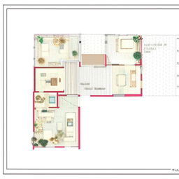 Architectural design of a house plan optimised for a 30 by 12 feet plot. Include key areas such as living space, kitchen, bedrooms and bathrooms.