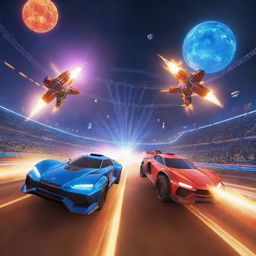 A thrilling game interface showcasing two rocket-powered cars in mid-air, propelling towards a glowing ball in a moment of suspenseful anticipation. The arena is awash in bright, colorful lights.