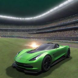 A gaming interface with a sleek, rocket-powered car in foreground, preparing for a thrilling launch. A lush green stadium packed with cheering fans, brilliantly lit, forms the backdrop.