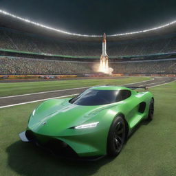 A gaming interface with a sleek, rocket-powered car in foreground, preparing for a thrilling launch. A lush green stadium packed with cheering fans, brilliantly lit, forms the backdrop.