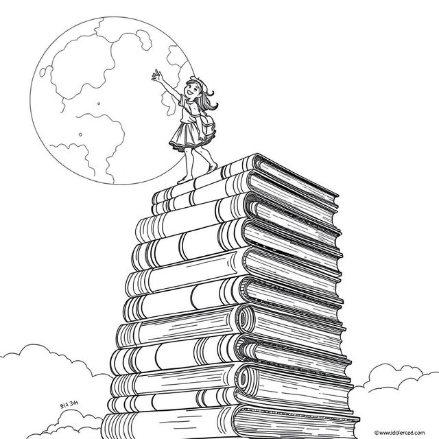 A surreal coloring page showcasing a magnificent tower of giant books, with two adventurous girls perched at the top, joyfully reaching out to touch the moon