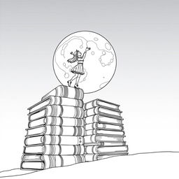 A surreal coloring page showcasing a magnificent tower of giant books, with two adventurous girls perched at the top, joyfully reaching out to touch the moon