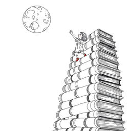 A surreal coloring page showcasing a magnificent tower of giant books, with two adventurous girls perched at the top, joyfully reaching out to touch the moon