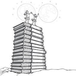 A surreal coloring page showcasing a magnificent tower of giant books, with two adventurous girls perched at the top, joyfully reaching out to touch the moon