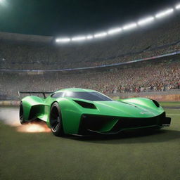 A gaming interface with a sleek, rocket-powered car in foreground, preparing for a thrilling launch. A lush green stadium packed with cheering fans, brilliantly lit, forms the backdrop.