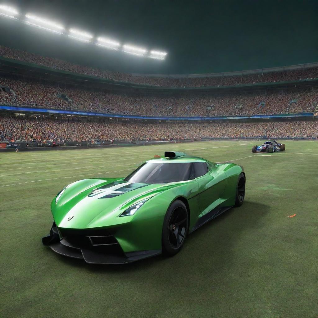 A gaming interface with a sleek, rocket-powered car in foreground, preparing for a thrilling launch. A lush green stadium packed with cheering fans, brilliantly lit, forms the backdrop.