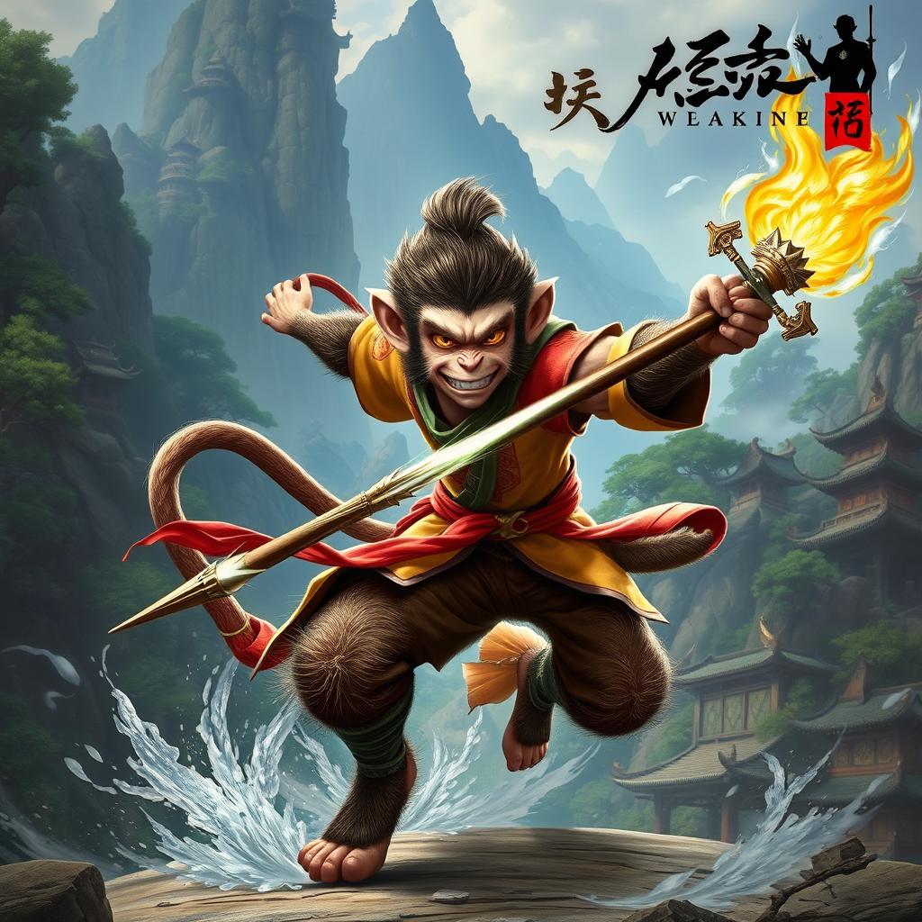 A dynamic and captivating depiction of Sun Wukong, the legendary Monkey King from Chinese mythology, inspired by the style of the upcoming action RPG 'Black Myth: Wukong'