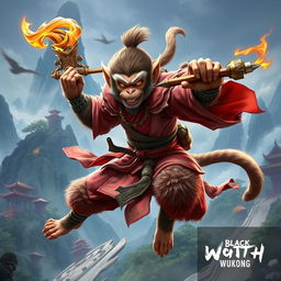 A dynamic and captivating depiction of Sun Wukong, the legendary Monkey King from Chinese mythology, inspired by the style of the upcoming action RPG 'Black Myth: Wukong'