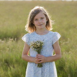 A young girl in a sunlit field, wearing a summer dress and holding a small bouquet of wildflowers.