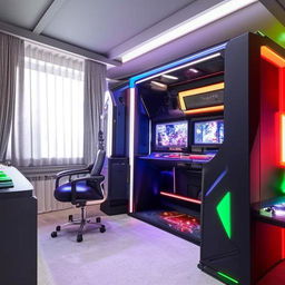 A luxurious bedroom with a dedicated small compartment for gaming, complete with high-end equipment