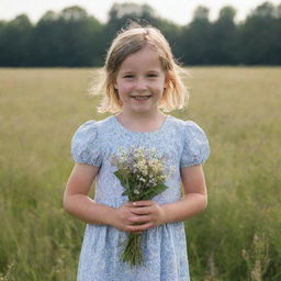 A young girl in a sunlit field, wearing a summer dress and holding a small bouquet of wildflowers.