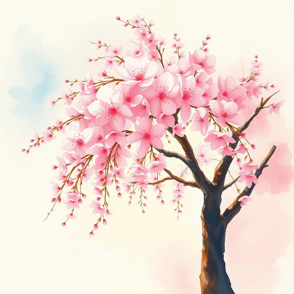 A serene watercolor painting of a cherry blossom tree in full bloom