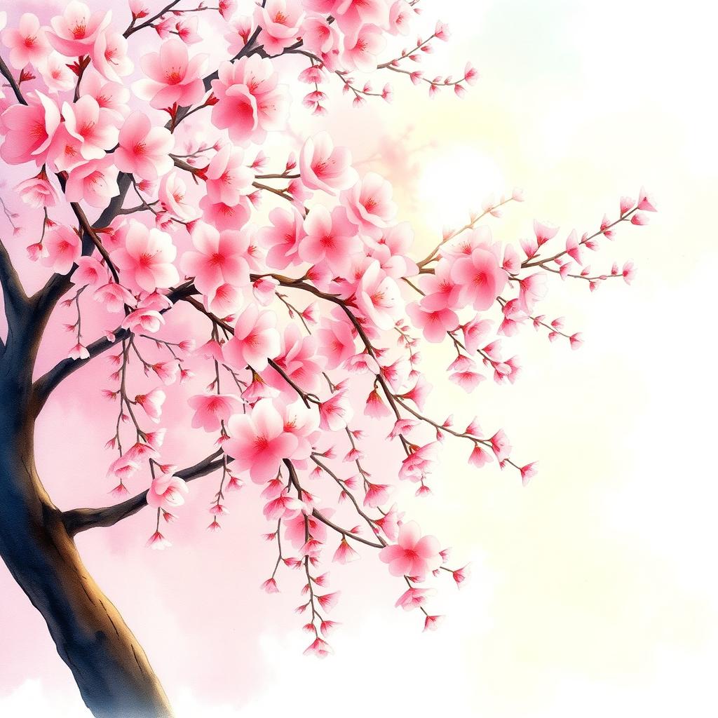 A serene watercolor painting of a cherry blossom tree in full bloom