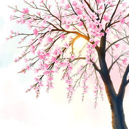 A serene watercolor painting of a cherry blossom tree in full bloom