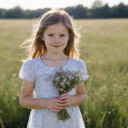 A young girl in a sunlit field, wearing a summer dress and holding a small bouquet of wildflowers.